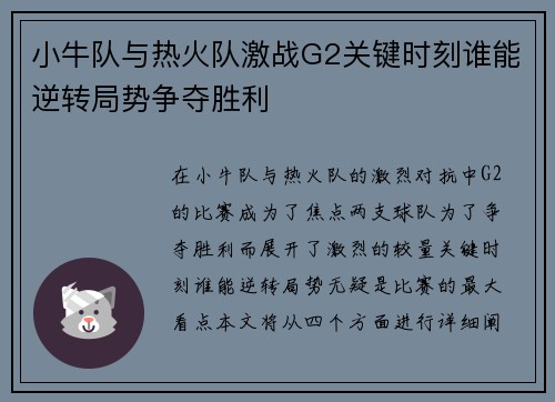 小牛队与热火队激战G2关键时刻谁能逆转局势争夺胜利