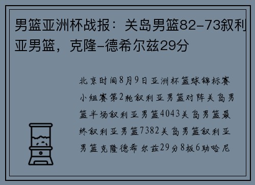 男篮亚洲杯战报：关岛男篮82-73叙利亚男篮，克隆-德希尔兹29分